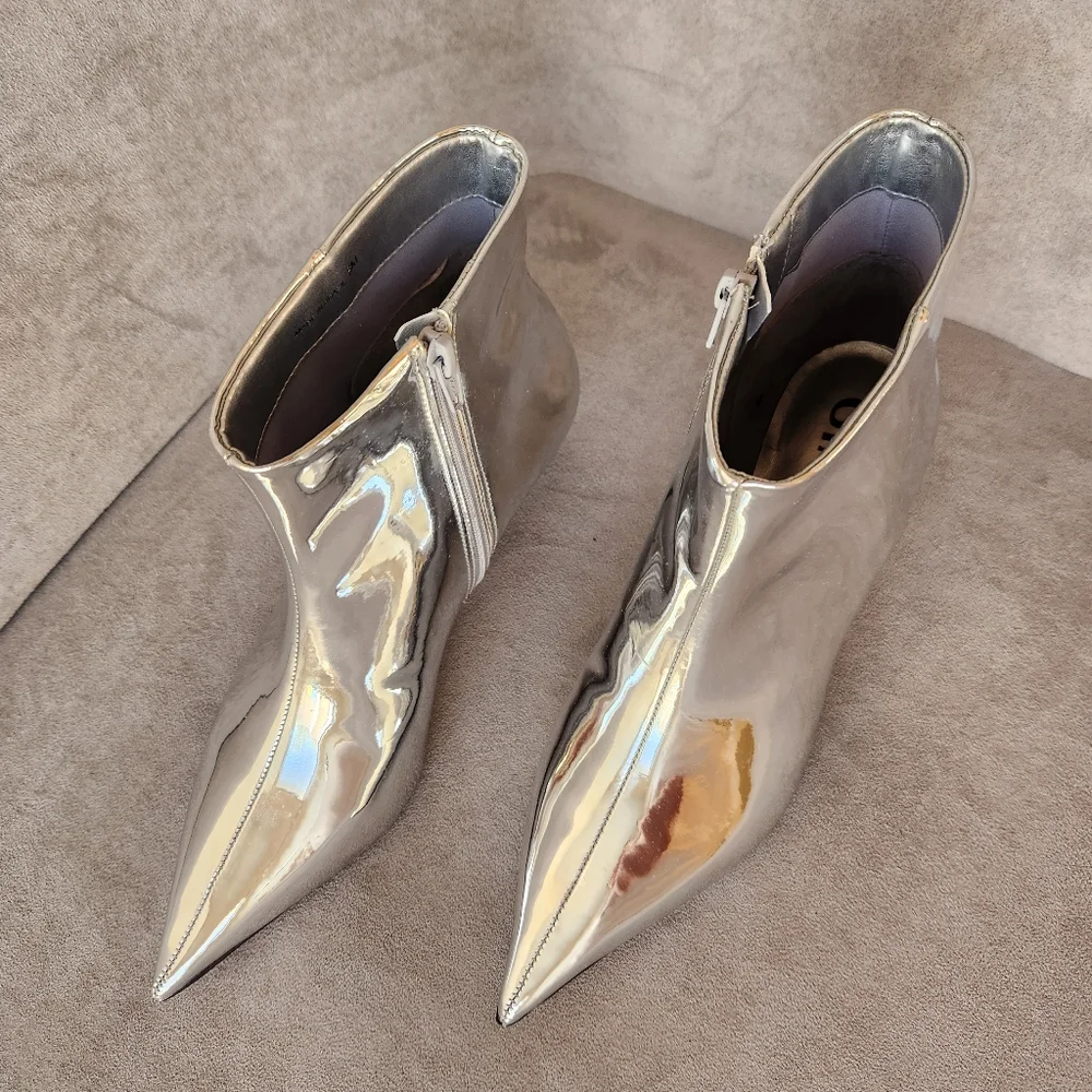 Gianni Bini Booties 6.5 Silver Mirror Georgina Kitten Heels Pointed Toe New $140